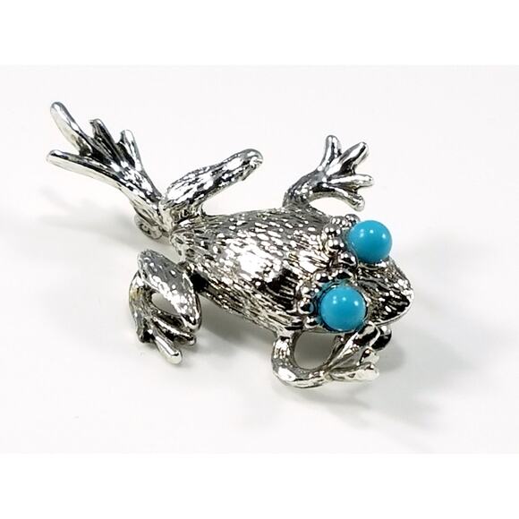Vintage Emmons Frog Brooch Silver Tone Turquoise Eyes 1970s Book Piece Pin - Picture 2 of 10